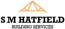 S M Hatfield Building Services Logo - Yellow roofing structing symbol above black text